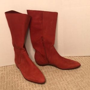 John Fluevog Power Up red suede boots. Fold over.